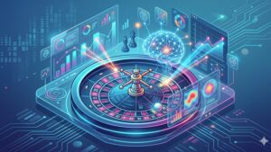 Современная иллюстрация рулетки с элементами искусственного интеллекта и графиками анализа данных для блога.
