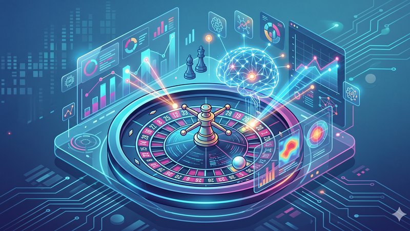 Современная иллюстрация рулетки с элементами искусственного интеллекта и графиками анализа данных для блога.