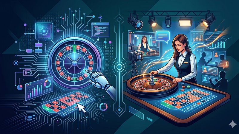 Современная иллюстрация для сравнения генератора случайных чисел и живого дилера в онлайн-рулетке